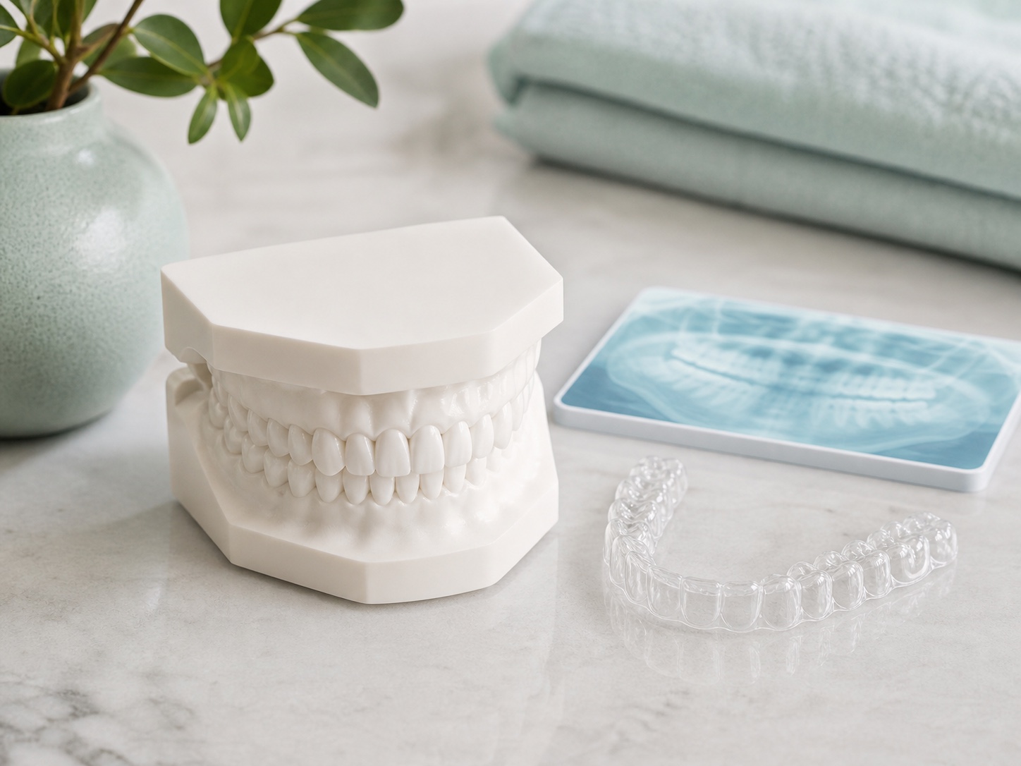 Model dentar, gutieră transparentă și imagine diagnostică